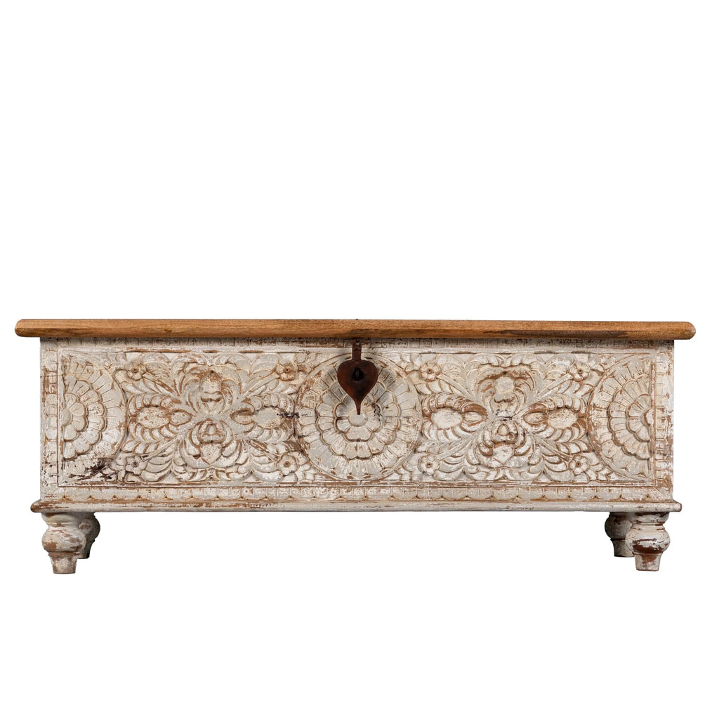 Mau Hand-Carved Mango Wood Storage Chest with Rustic White Distressed Finish - DOBRI ARTS AU