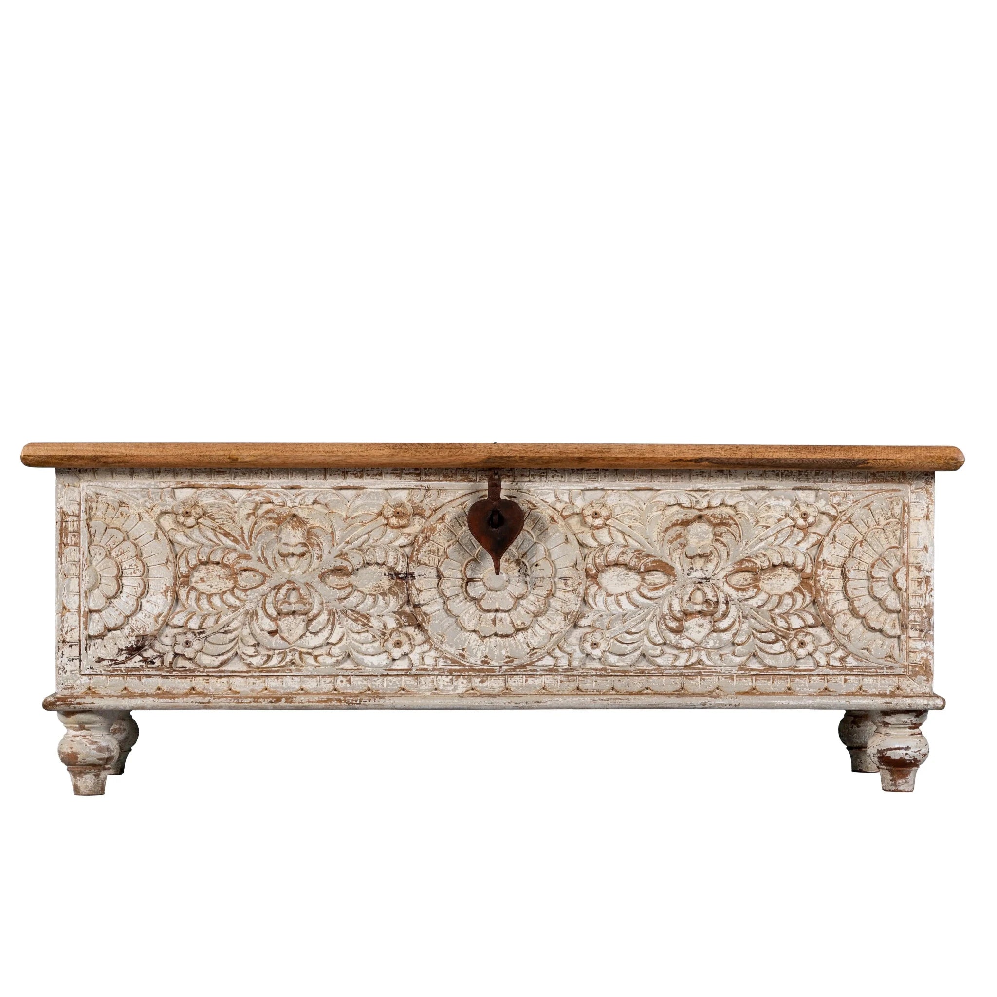 Mau Hand-Carved Mango Wood Storage Chest with Rustic White Distressed Finish - DOBRI ARTS AU
