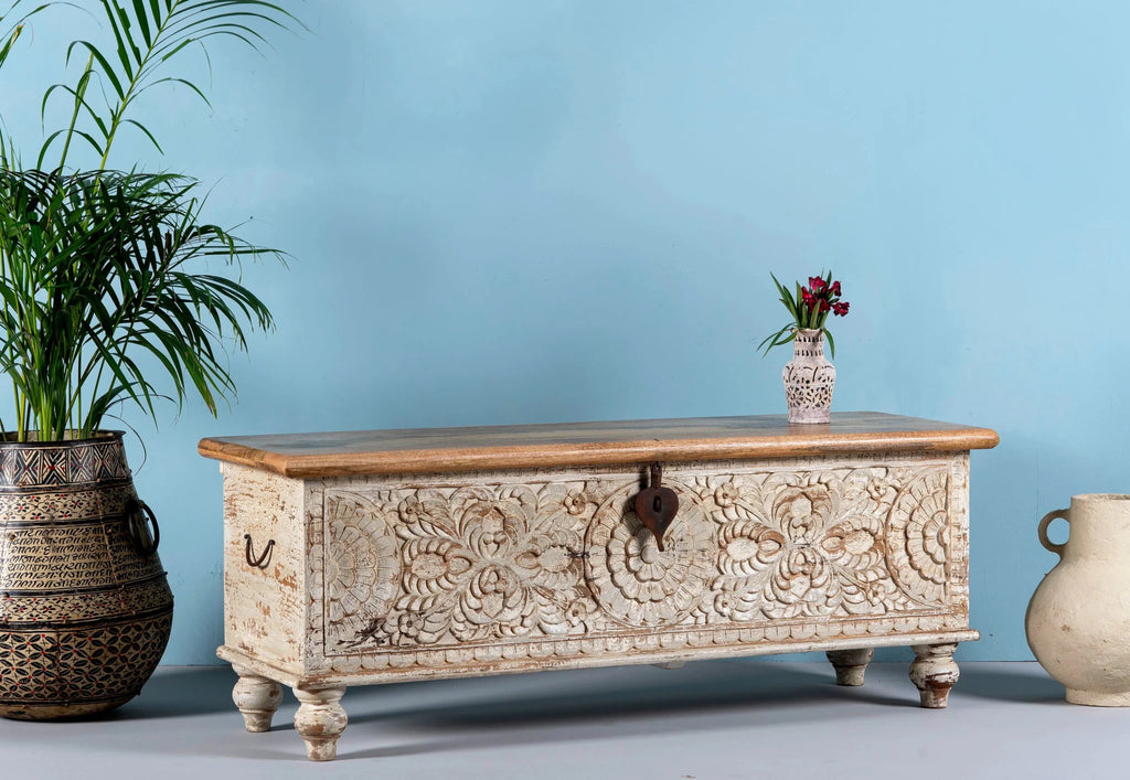 Mau Hand-Carved Mango Wood Storage Chest with Rustic White Distressed Finish - DOBRI ARTS AU