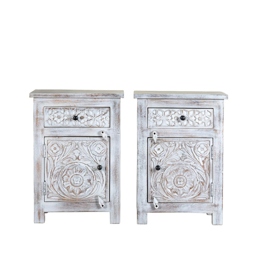 Meher Whitewashed Bedside Cabinet Set - DOBRI ARTS AU