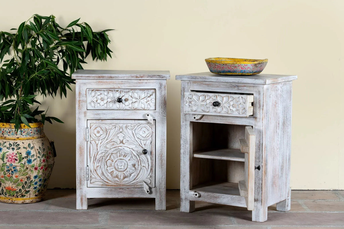 Meher Whitewashed Bedside Cabinet Set - DOBRI ARTS AU