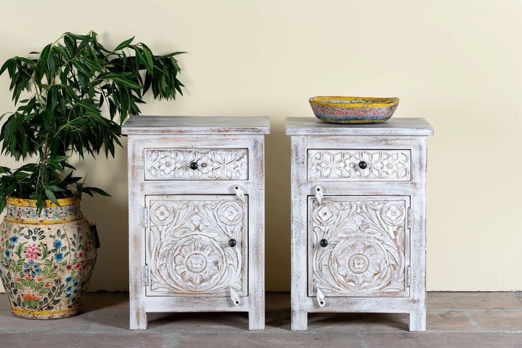 Meher Whitewashed Bedside Cabinet Set - DOBRI ARTS AU