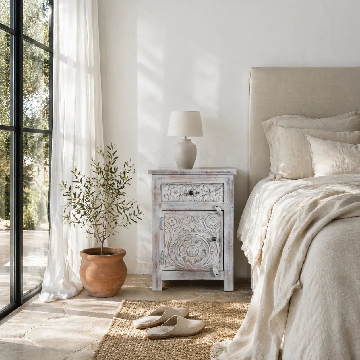 Meher Whitewashed Bedside Cabinet Set - DOBRI ARTS AU