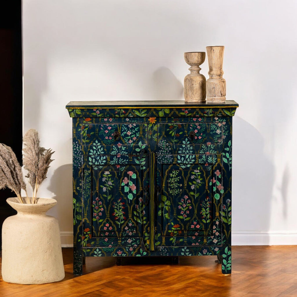 Midnight Botanical Hand-Painted Wooden Cabinet with Double Doors - DOBRI ARTS AU