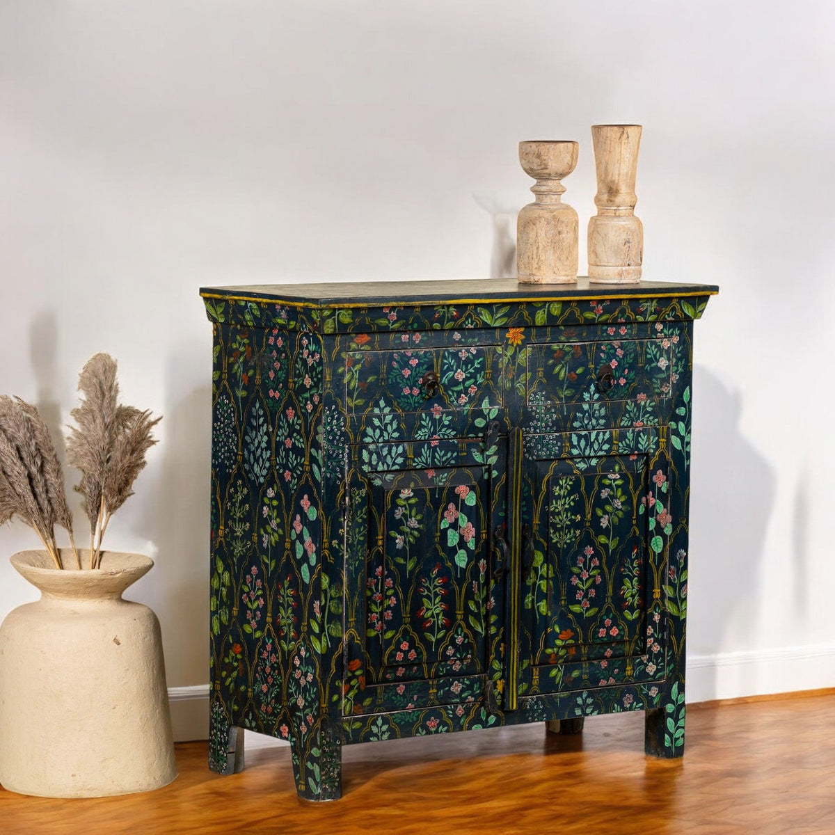 Midnight Botanical Hand-Painted Wooden Cabinet with Double Doors - DOBRI ARTS AU