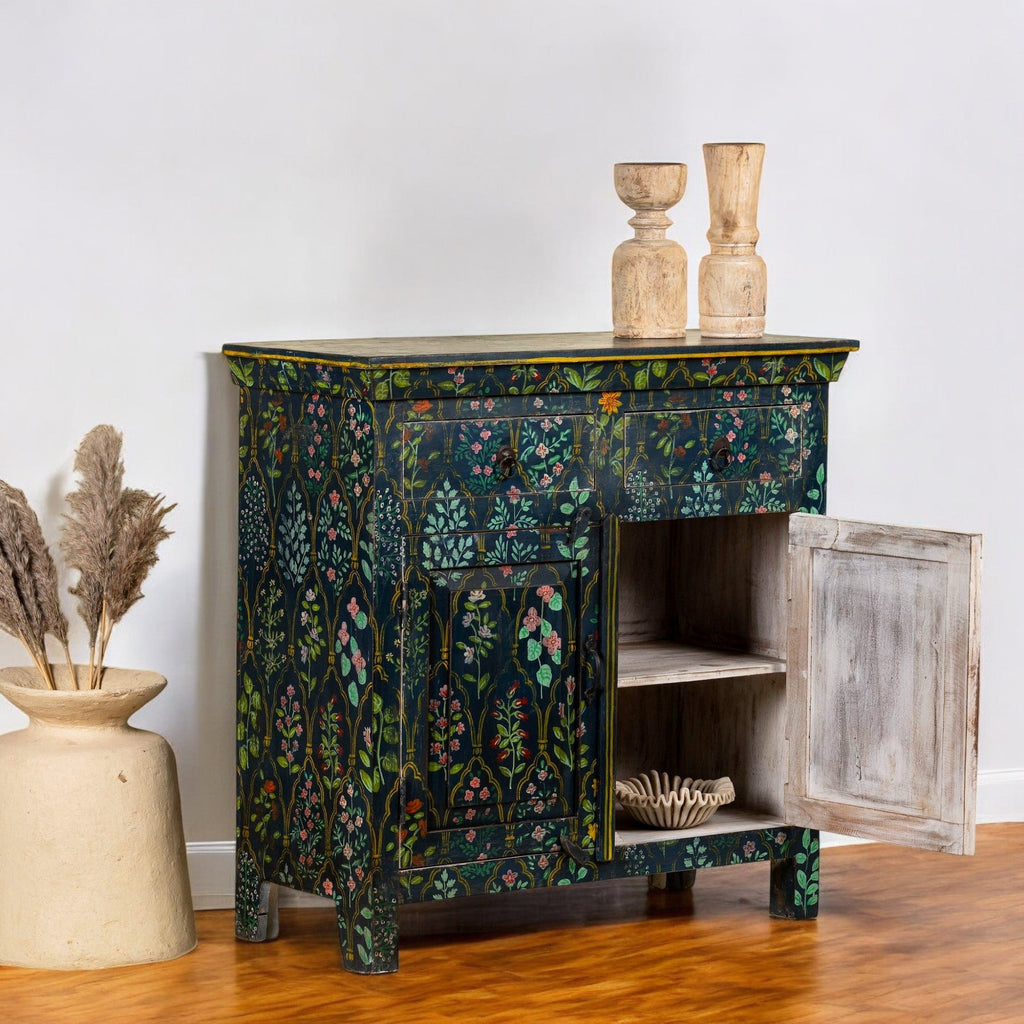 Midnight Botanical Hand-Painted Wooden Cabinet with Double Doors - DOBRI ARTS AU