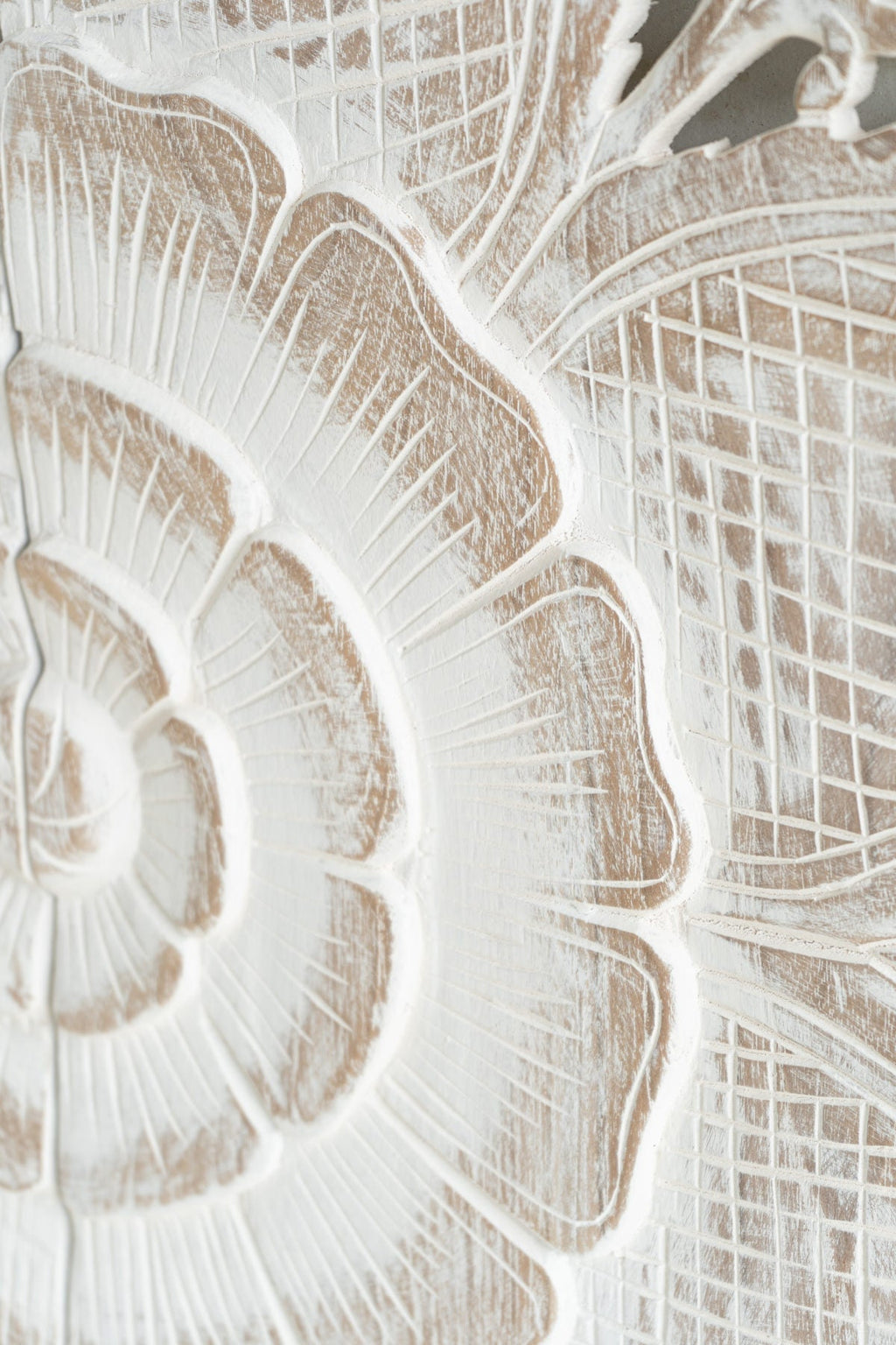 Mira Hand Carved Mango Wood Wall Headboard – Ornate Floral Medallion Panel, Antique White Finish - DOBRI ARTS AU