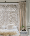 Mira Hand Carved Mango Wood Wall Headboard – Ornate Floral Medallion Panel, Antique White Finish - DOBRI ARTS AU