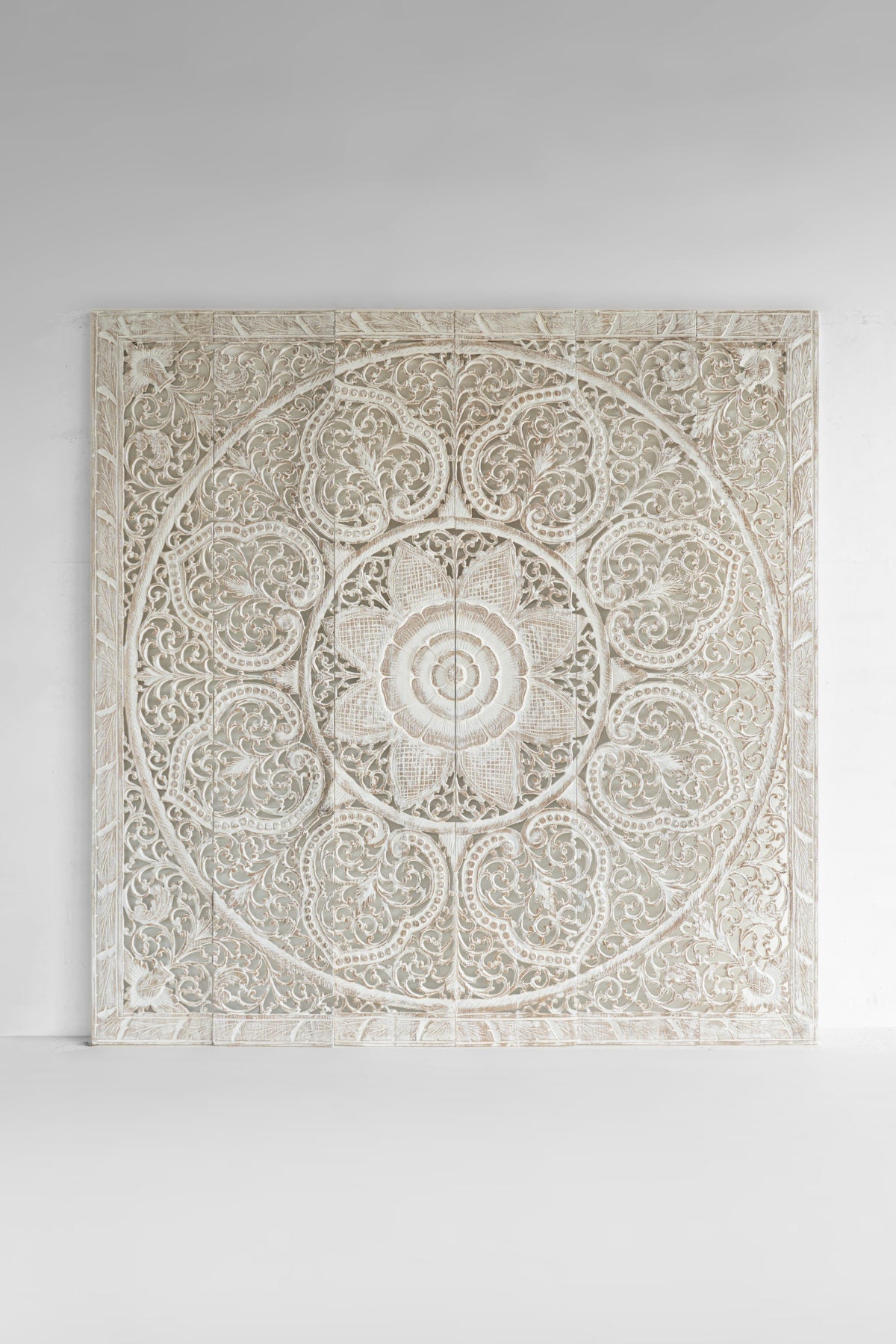 Mira Hand Carved Mango Wood Wall Headboard – Ornate Floral Medallion Panel, Antique White Finish - DOBRI ARTS AU