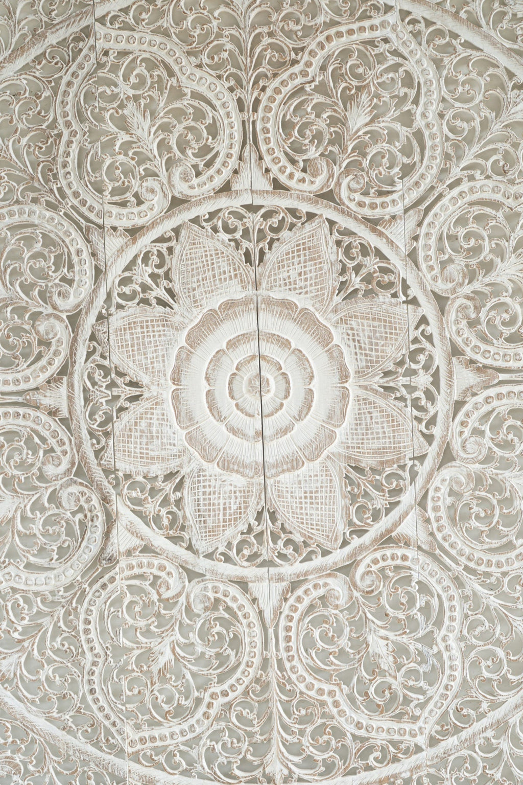 Mira Hand Carved Mango Wood Wall Headboard – Ornate Floral Medallion Panel, Antique White Finish - DOBRI ARTS AU