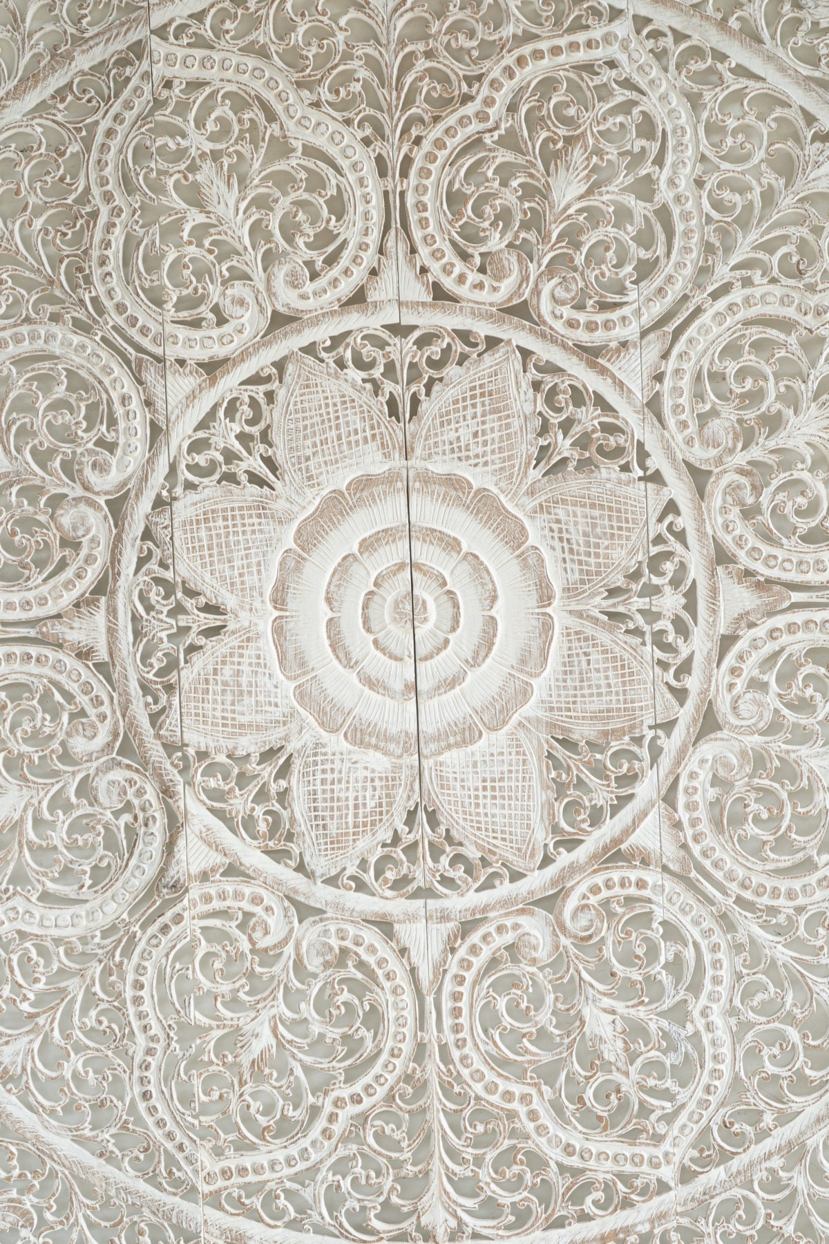 Mira Hand Carved Mango Wood Wall Headboard – Ornate Floral Medallion Panel, Antique White Finish - DOBRI ARTS AU