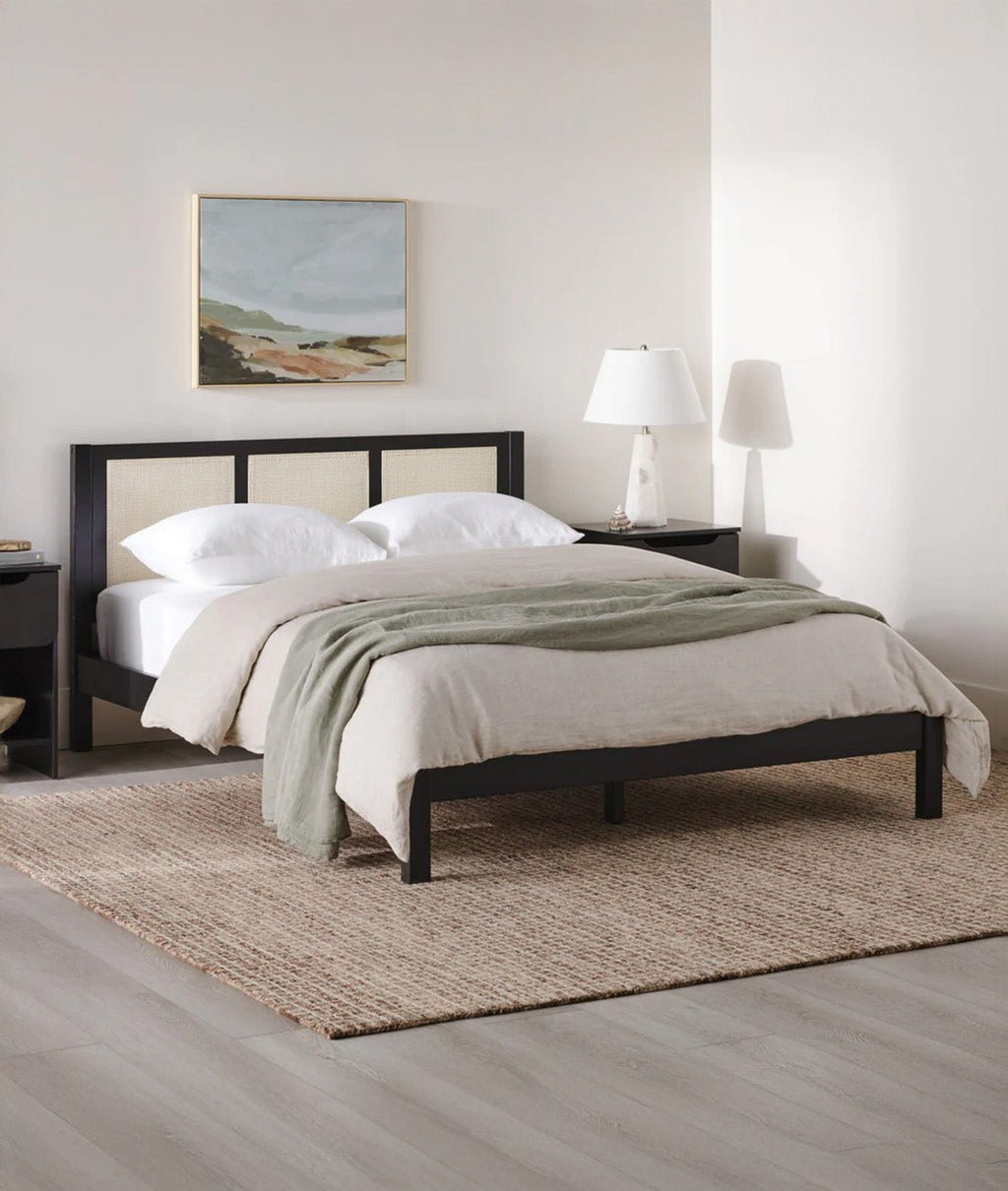 Montclair Rattan Bed – Matt Black Solid Wood Bed Frame with Woven Rattan Panel Headboard - DOBRI ARTS AU