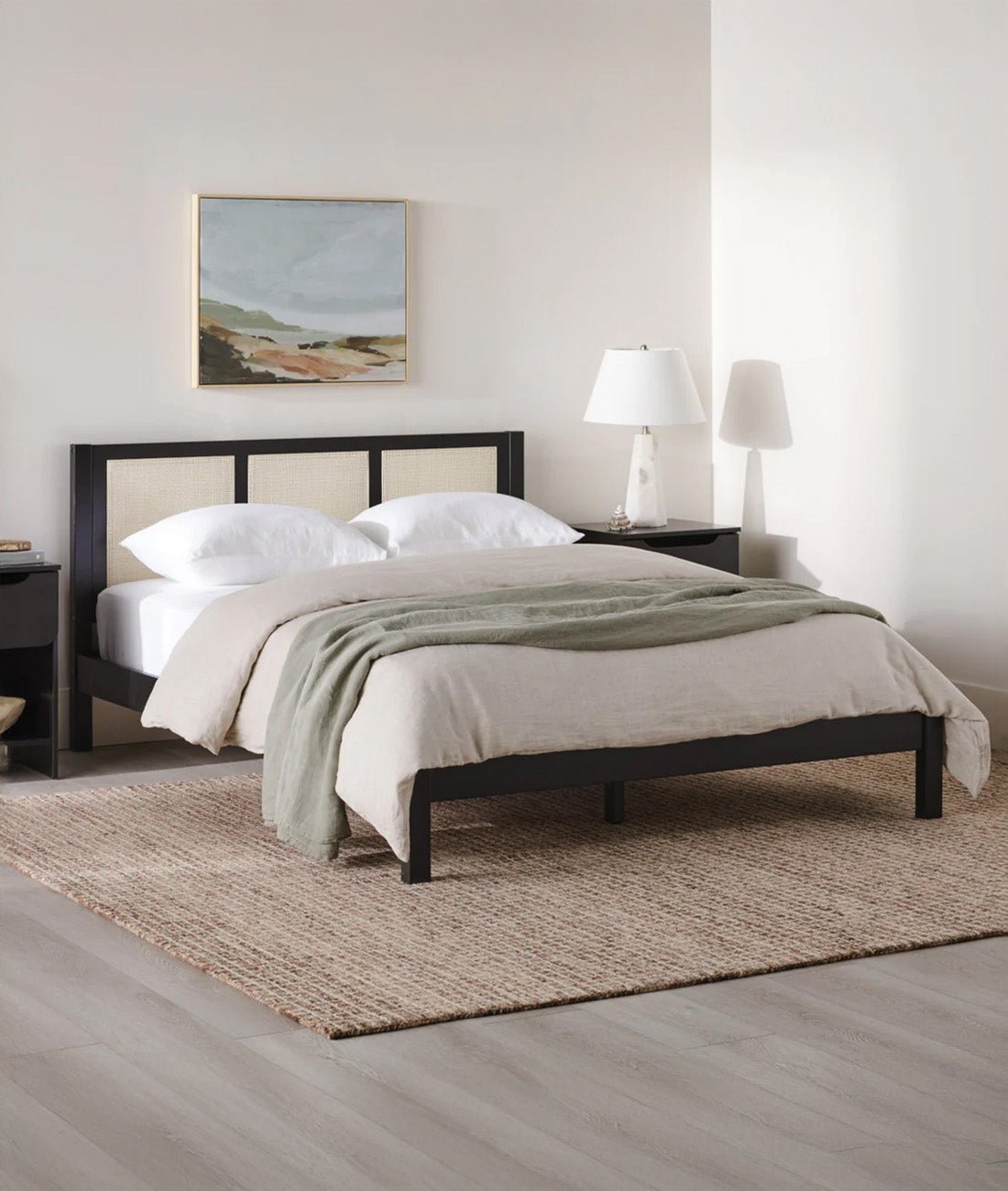 Montclair Rattan Bed – Matt Black Solid Wood Bed Frame with Woven Rattan Panel Headboard - DOBRI ARTS AU