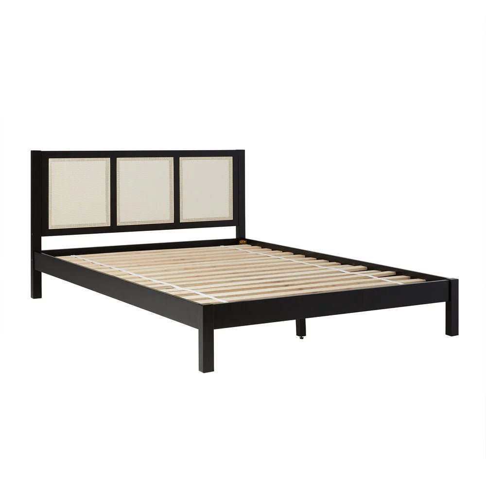 Montclair Rattan Bed – Matt Black Solid Wood Bed Frame with Woven Rattan Panel Headboard - DOBRI ARTS AU