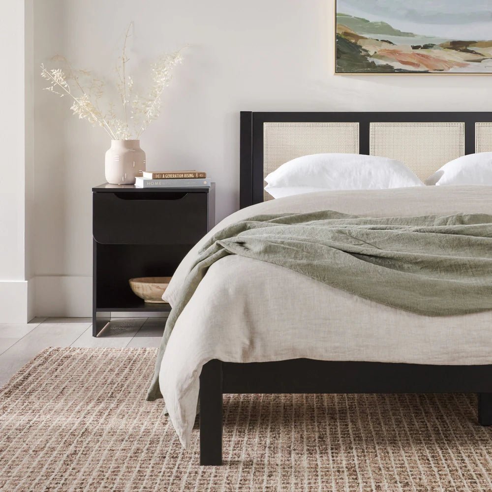 Montclair Rattan Bed – Matt Black Solid Wood Bed Frame with Woven Rattan Panel Headboard - DOBRI ARTS AU
