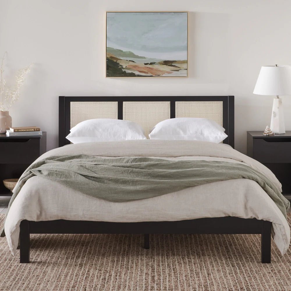 Montclair Rattan Bed – Matt Black Solid Wood Bed Frame with Woven Rattan Panel Headboard - DOBRI ARTS AU
