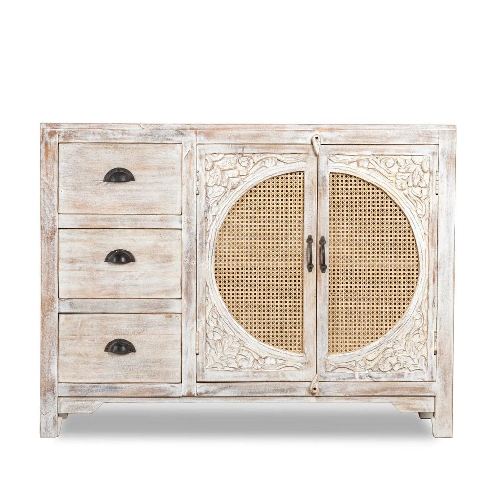 Narmada Whitewashed Rattan Door Wooden Cabinet - DOBRI ARTS AU