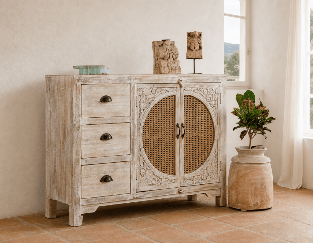 Narmada Whitewashed Rattan Door Wooden Cabinet - DOBRI ARTS AU