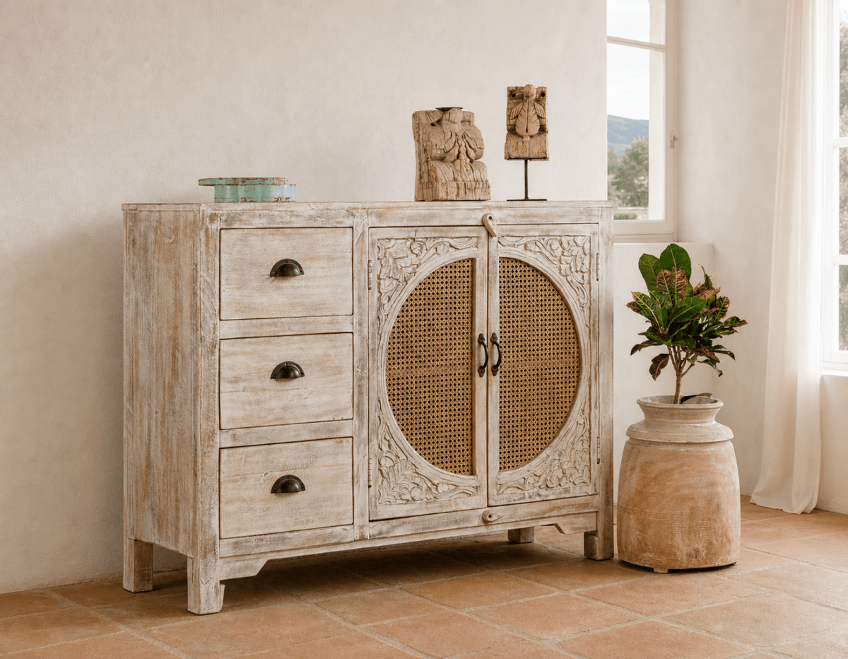 Narmada Whitewashed Rattan Door Wooden Cabinet - DOBRI ARTS AU