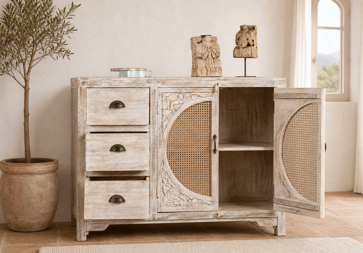 Narmada Whitewashed Rattan Door Wooden Cabinet - DOBRI ARTS AU