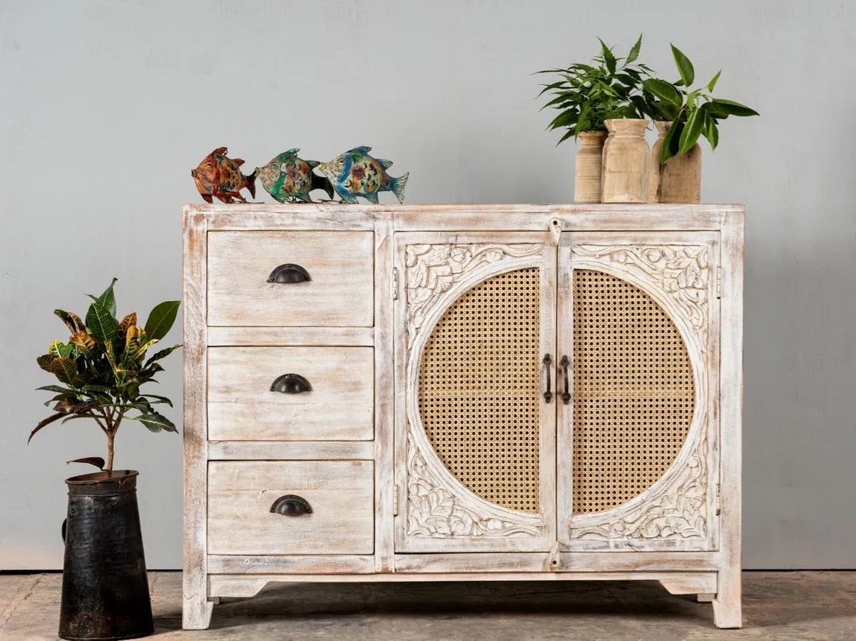 Narmada Whitewashed Rattan Door Wooden Cabinet - DOBRI ARTS AU