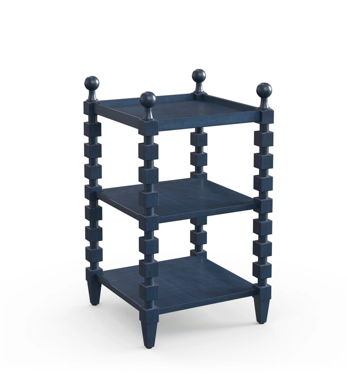 Natasha Blue Mango Wood Side Table – Solid Wood 3-Tier Bedside Table with Decorative Geometric Legs & Raised Tray Shelves - DOBRI ARTS AU