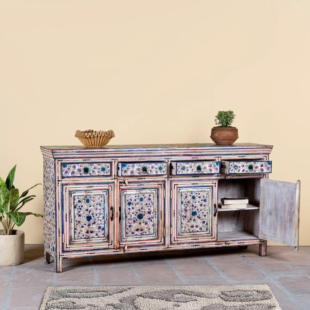Naya Vintage Blue Floral Hand-Painted Wooden Sideboard - DOBRI ARTS AU