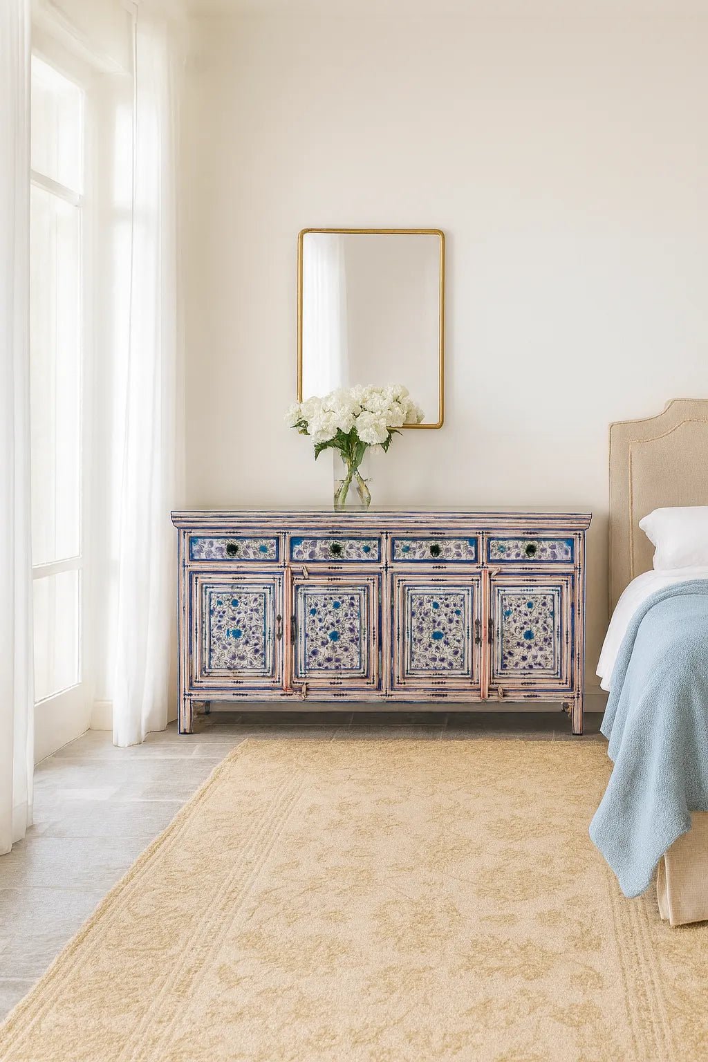 Naya Vintage Blue Floral Hand-Painted Wooden Sideboard - DOBRI ARTS AU