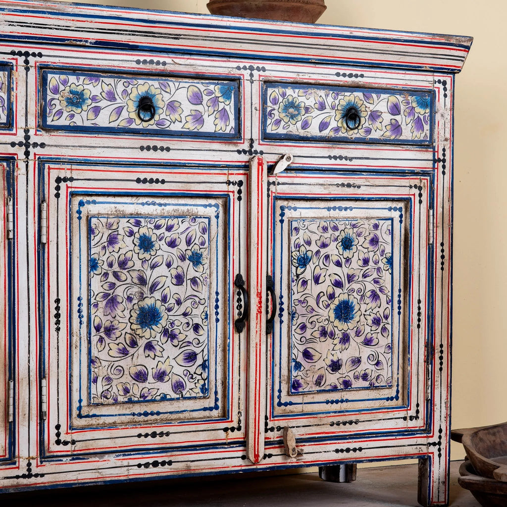 Naya Vintage Blue Floral Hand-Painted Wooden Sideboard - DOBRI ARTS AU