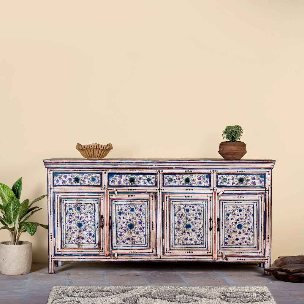 Naya Vintage Blue Floral Hand-Painted Wooden Sideboard - DOBRI ARTS AU
