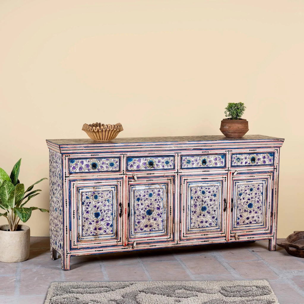 Naya Vintage Blue Floral Hand-Painted Wooden Sideboard - DOBRI ARTS AU