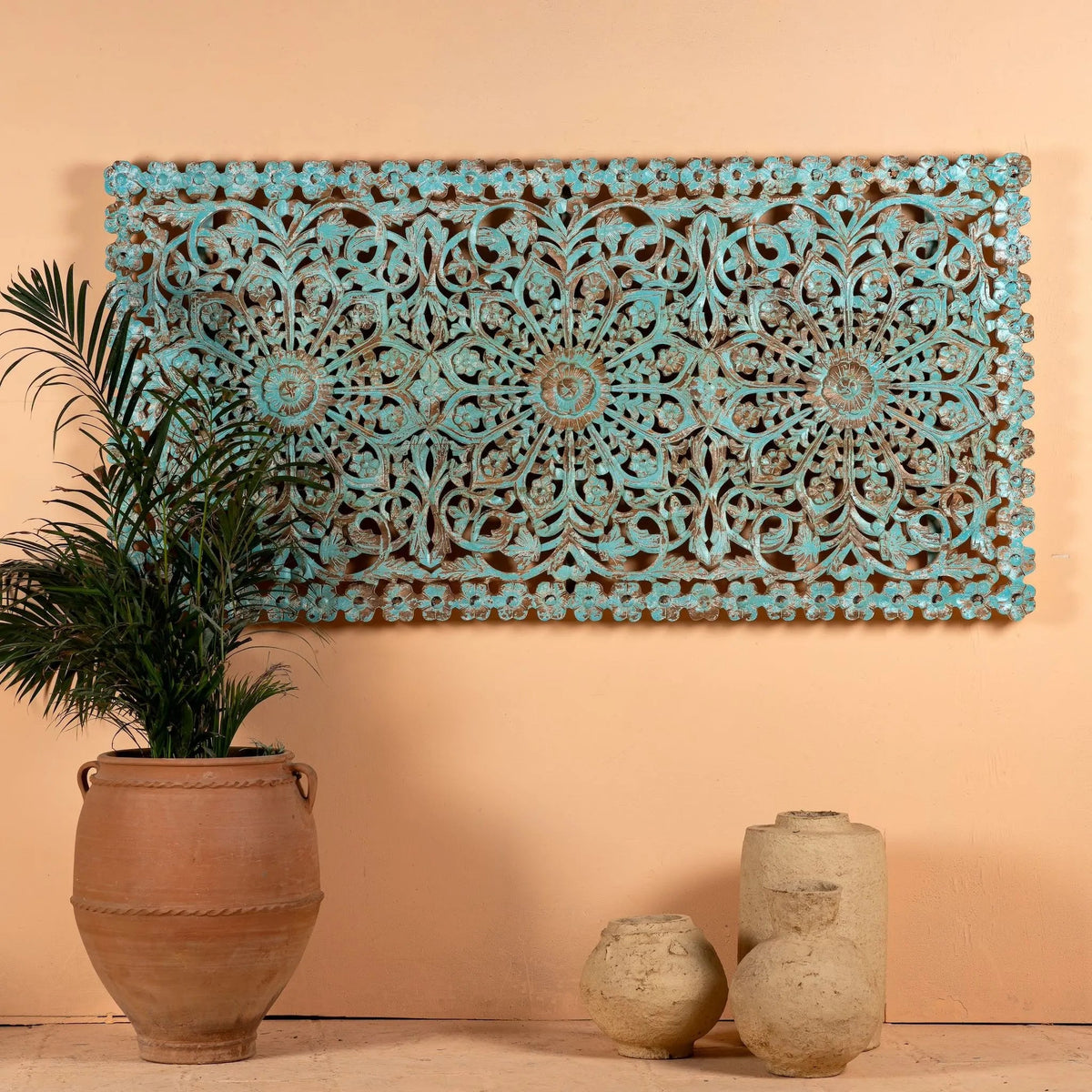 Neerja Turquoise Hand-Carved Vintage Wall Panel - DOBRI ARTS AU