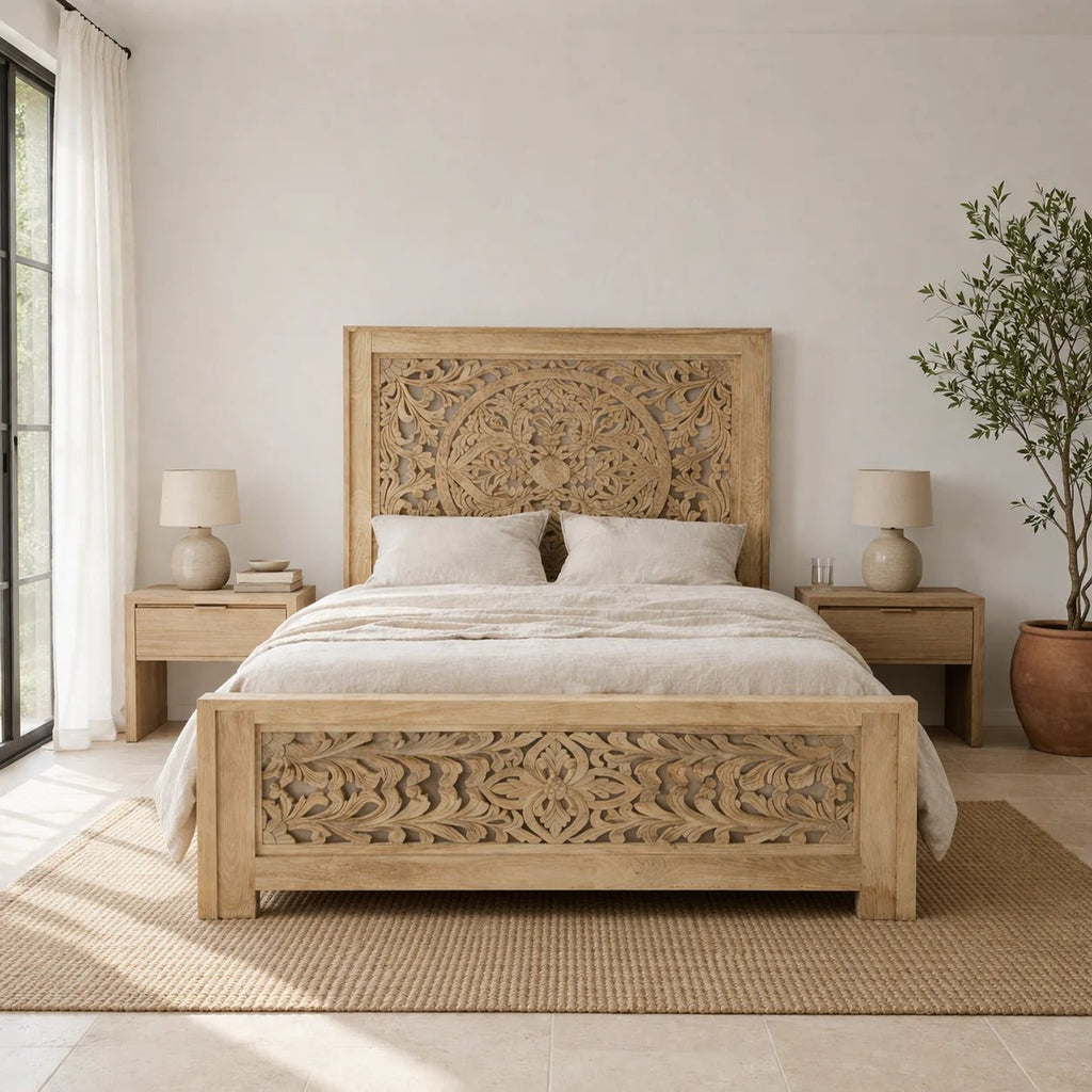 Nidhi Hand-Carved Solid Wood Bed (King Size) - DOBRI ARTS AU