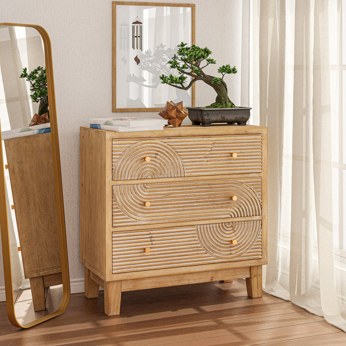 Nubra Natural Solid Wood Bedside Table – 3 Drawer Carved Nightstand with Boho Arch Design - DOBRI ARTS AU
