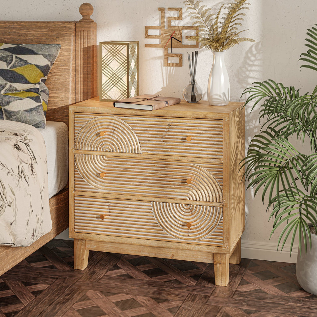 Nubra Natural Solid Wood Bedside Table – 3 Drawer Carved Nightstand with Boho Arch Design - DOBRI ARTS AU