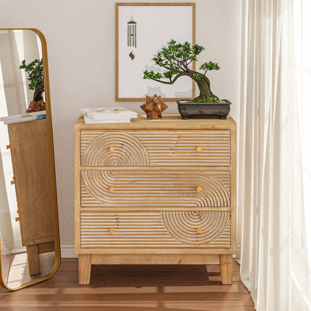 Nubra Natural Solid Wood Bedside Table – 3 Drawer Carved Nightstand with Boho Arch Design - DOBRI ARTS AU