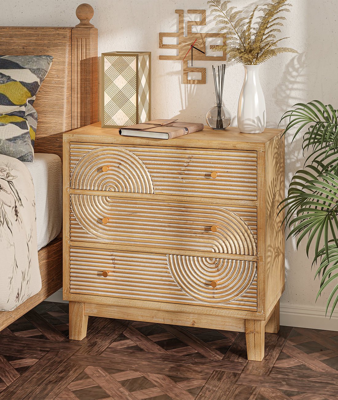 Nubra Natural Solid Wood Bedside Table – 3 Drawer Carved Nightstand with Boho Arch Design - DOBRI ARTS AU
