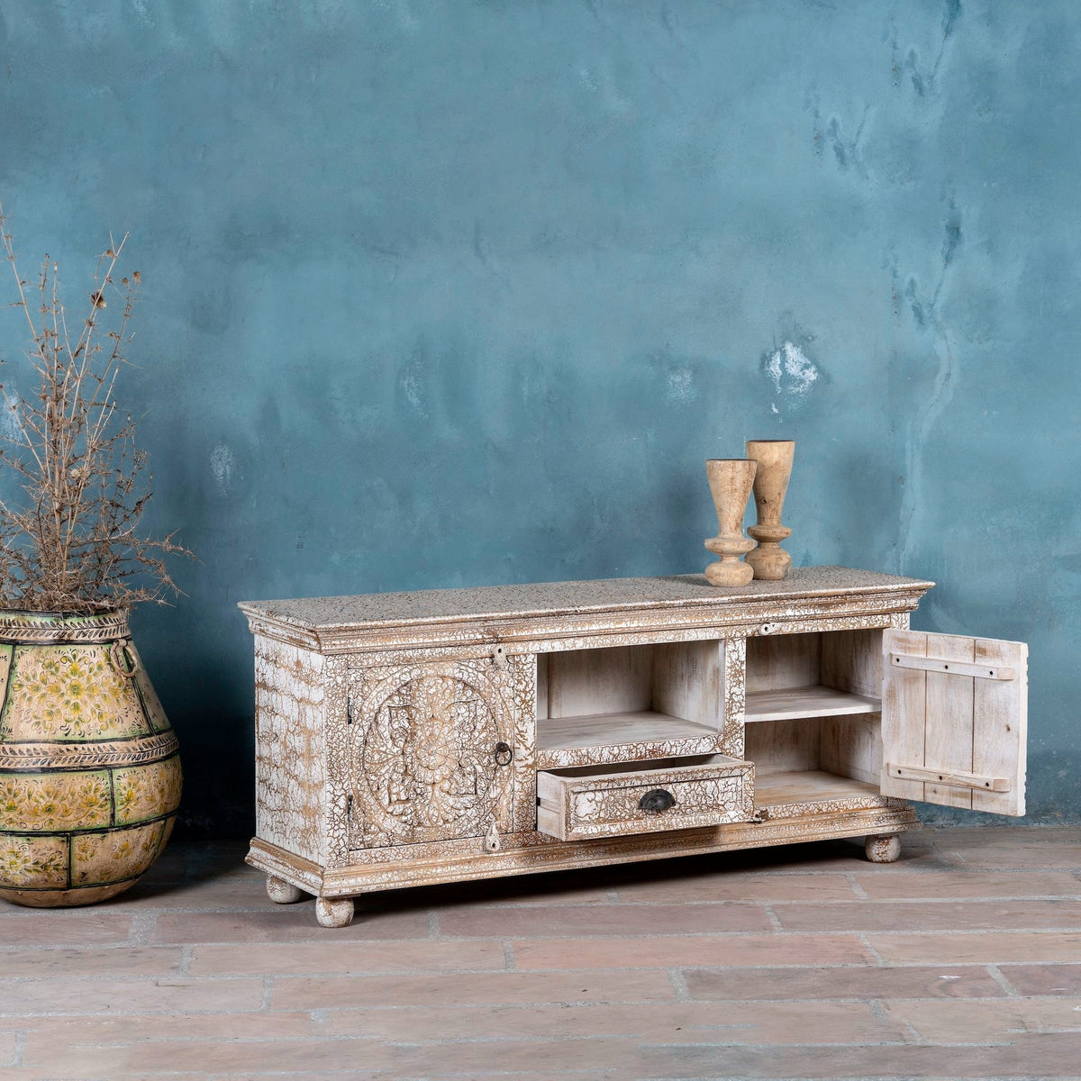 Omaja Whitewashed Hand-Carved TV Cabinet with Mandala Doors - DOBRI ARTS AU