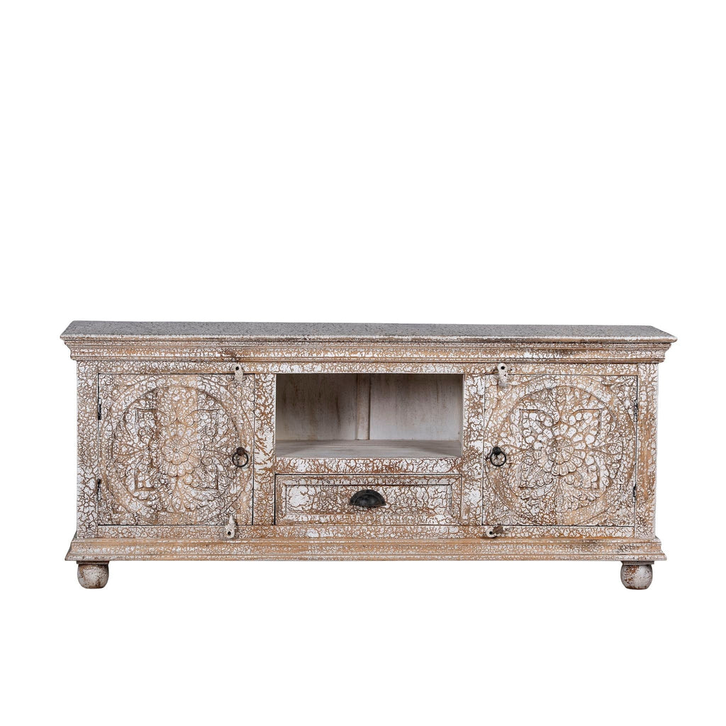Omaja Whitewashed Hand-Carved TV Cabinet with Mandala Doors - DOBRI ARTS AU