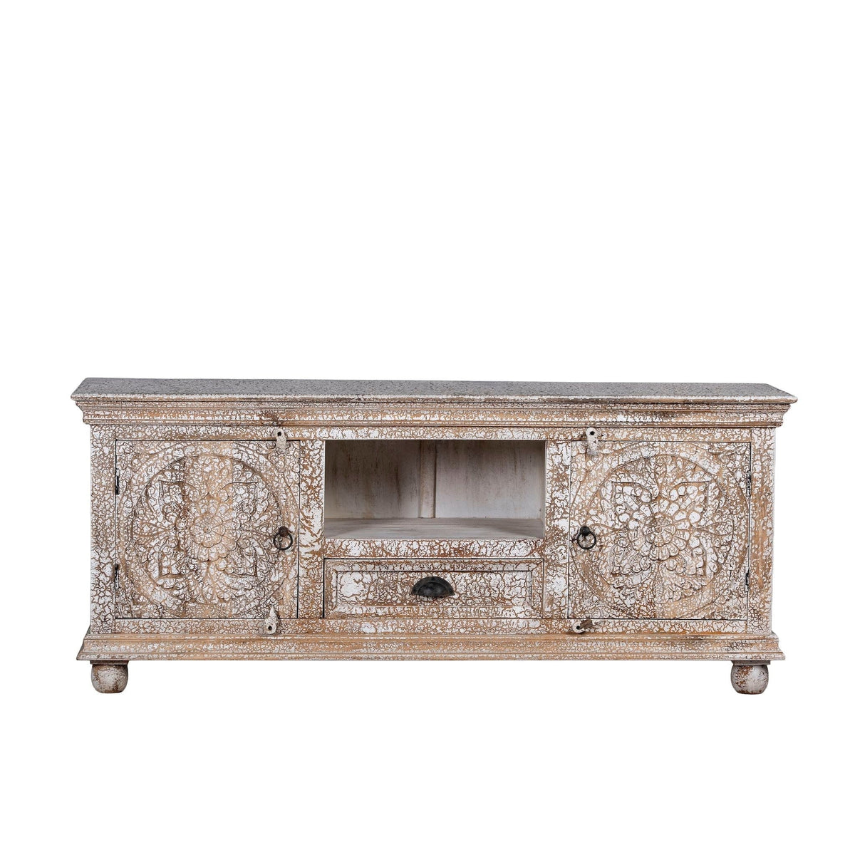 Omaja Whitewashed Hand-Carved TV Cabinet with Mandala Doors - DOBRI ARTS AU