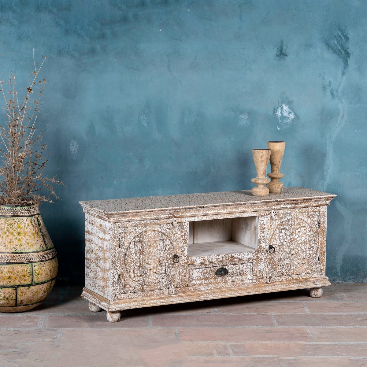 Omaja Whitewashed Hand-Carved TV Cabinet with Mandala Doors - DOBRI ARTS AU