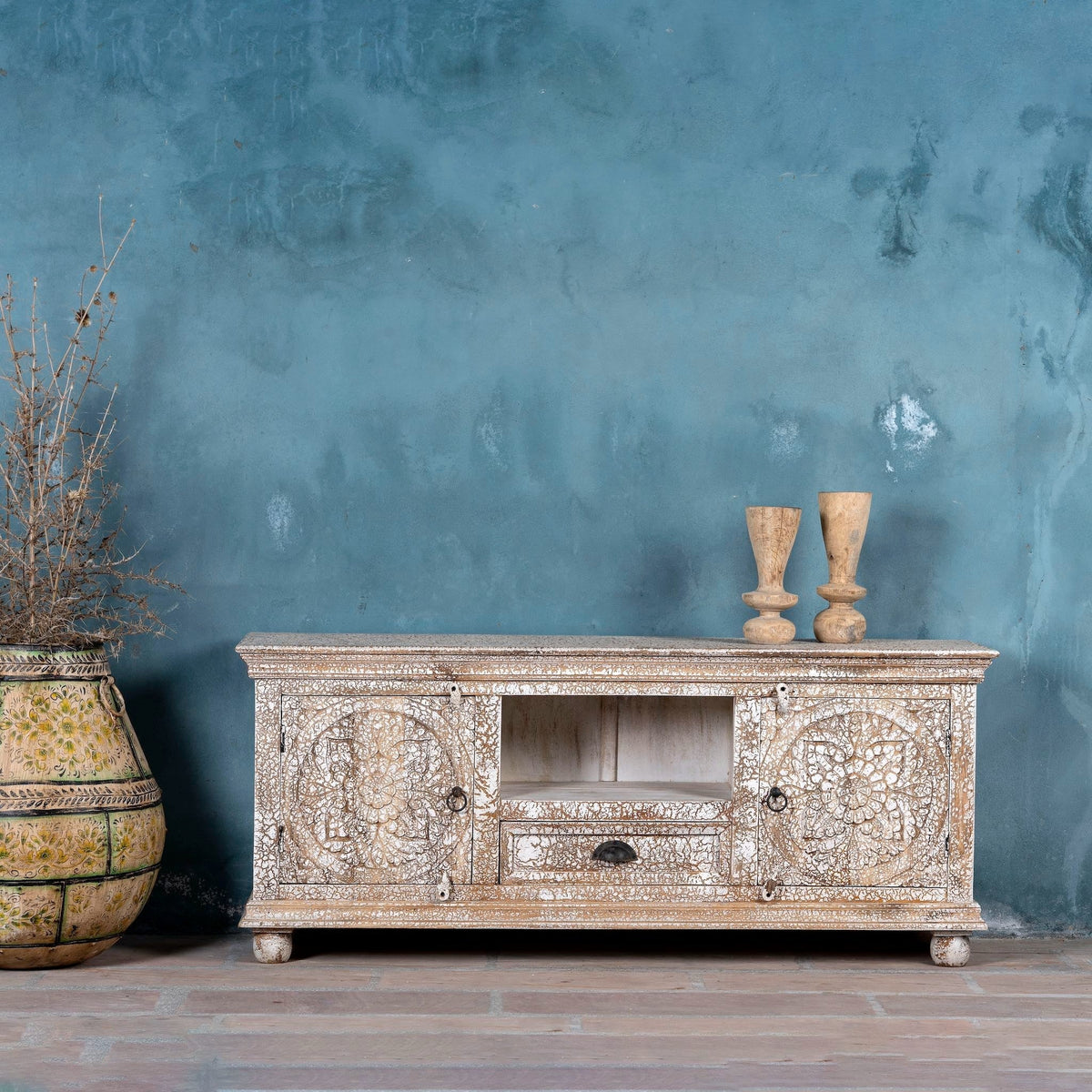 Omaja Whitewashed Hand-Carved TV Cabinet with Mandala Doors - DOBRI ARTS AU