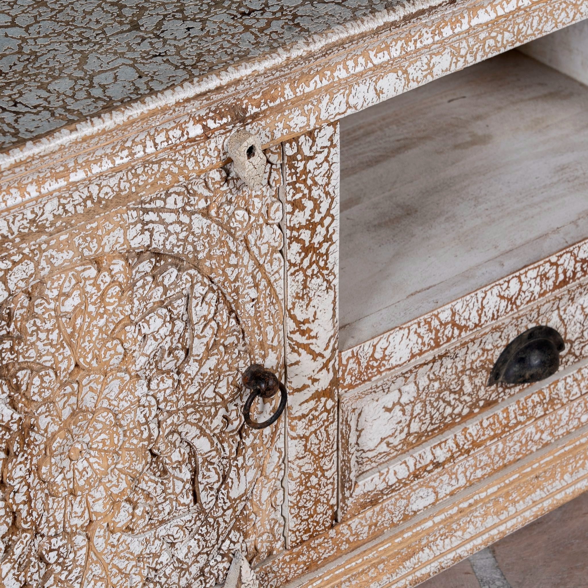 Omaja Whitewashed Hand-Carved TV Cabinet with Mandala Doors - DOBRI ARTS AU