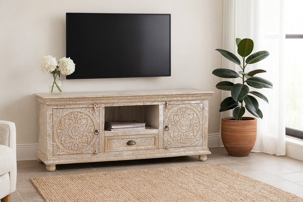 Omaja Whitewashed Hand-Carved TV Cabinet with Mandala Doors - DOBRI ARTS AU