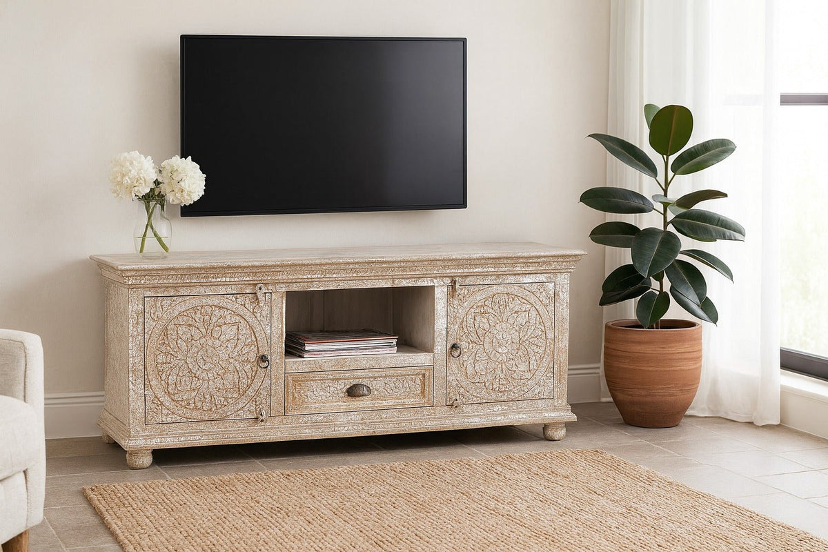 Omaja Whitewashed Hand-Carved TV Cabinet with Mandala Doors - DOBRI ARTS AU
