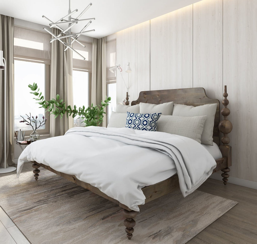 Opal Light Walnut Mango Wood Bed – Rustic Solid Wood King Queen Bed with Turned Wooden Posts - DOBRI ARTS AU