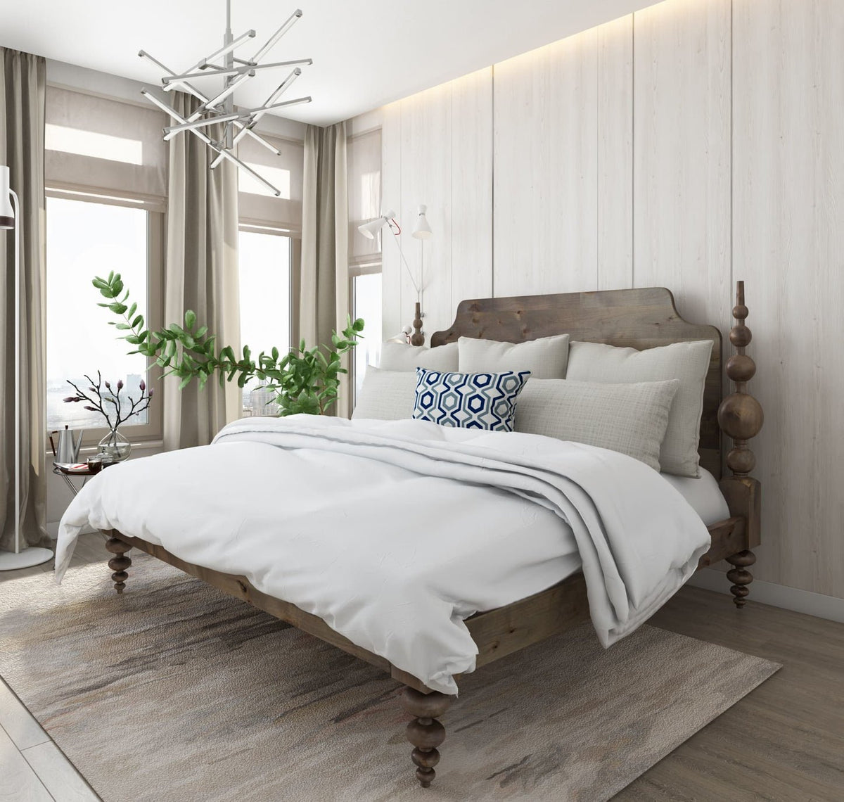 Opal Light Walnut Mango Wood Bed – Rustic Solid Wood King Queen Bed with Turned Wooden Posts - DOBRI ARTS AU