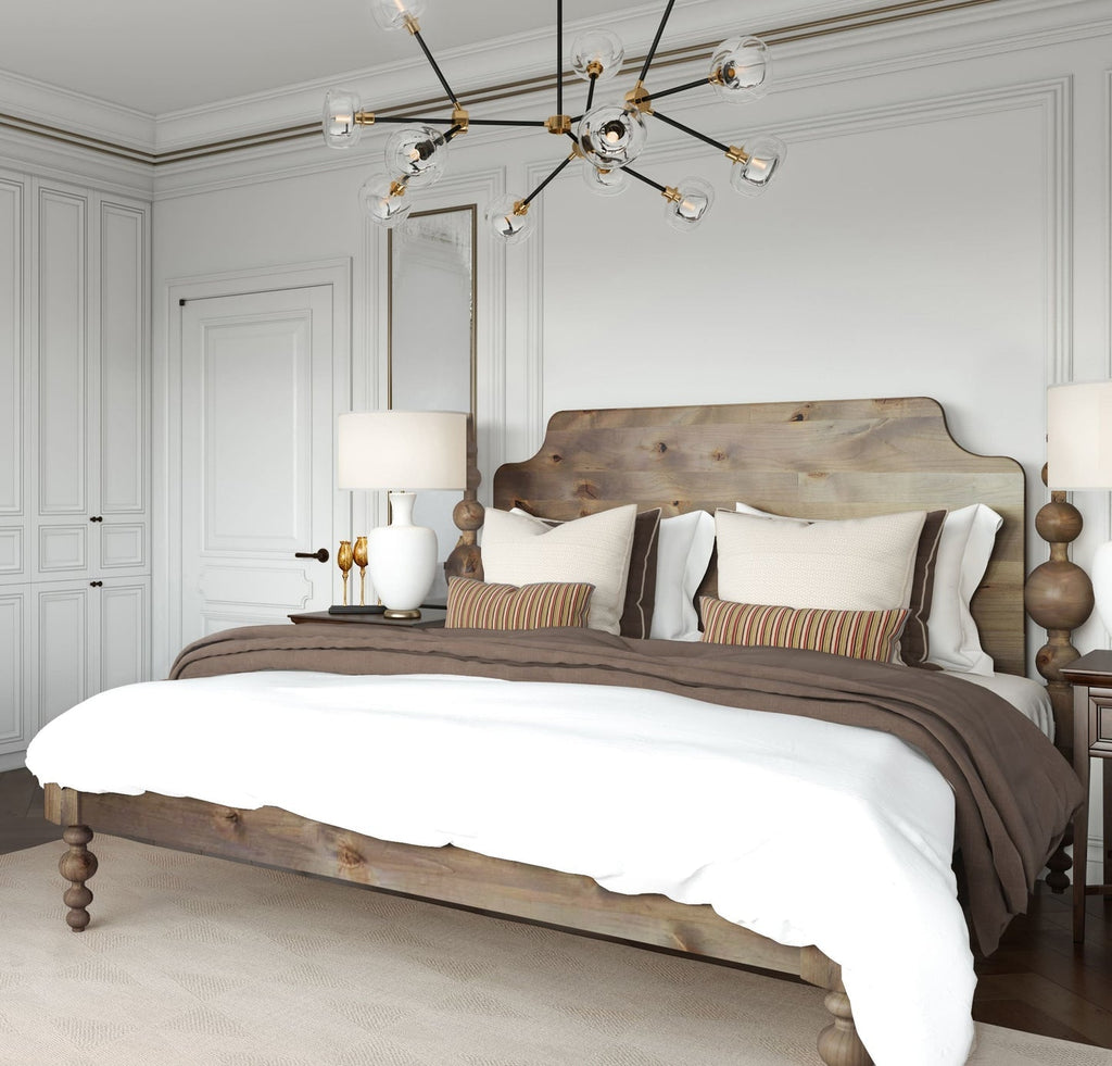 Opal Light Walnut Mango Wood Bed – Rustic Solid Wood King Queen Bed with Turned Wooden Posts - DOBRI ARTS AU