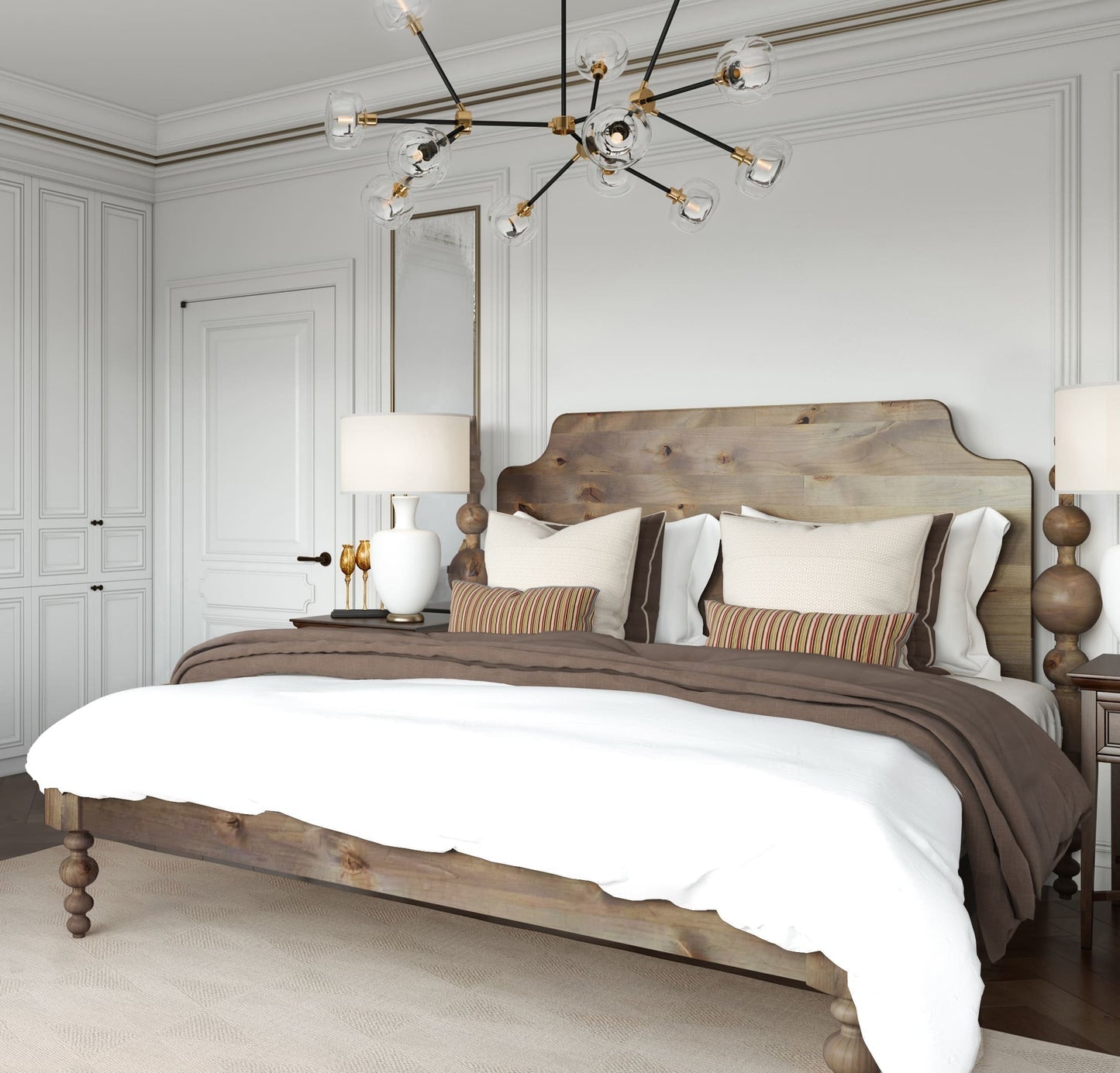 Opal Light Walnut Mango Wood Bed – Rustic Solid Wood King Queen Bed with Turned Wooden Posts - DOBRI ARTS AU