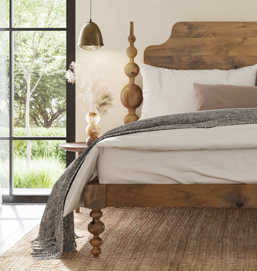 Opal Light Walnut Mango Wood Bed – Rustic Solid Wood King Queen Bed with Turned Wooden Posts - DOBRI ARTS AU